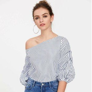 SHEIN One Shoulder Gathered Lantern Sleeve Striped Top (LG)